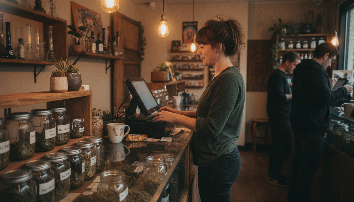 A budtender at a dispensary counter using a point of sale terminal