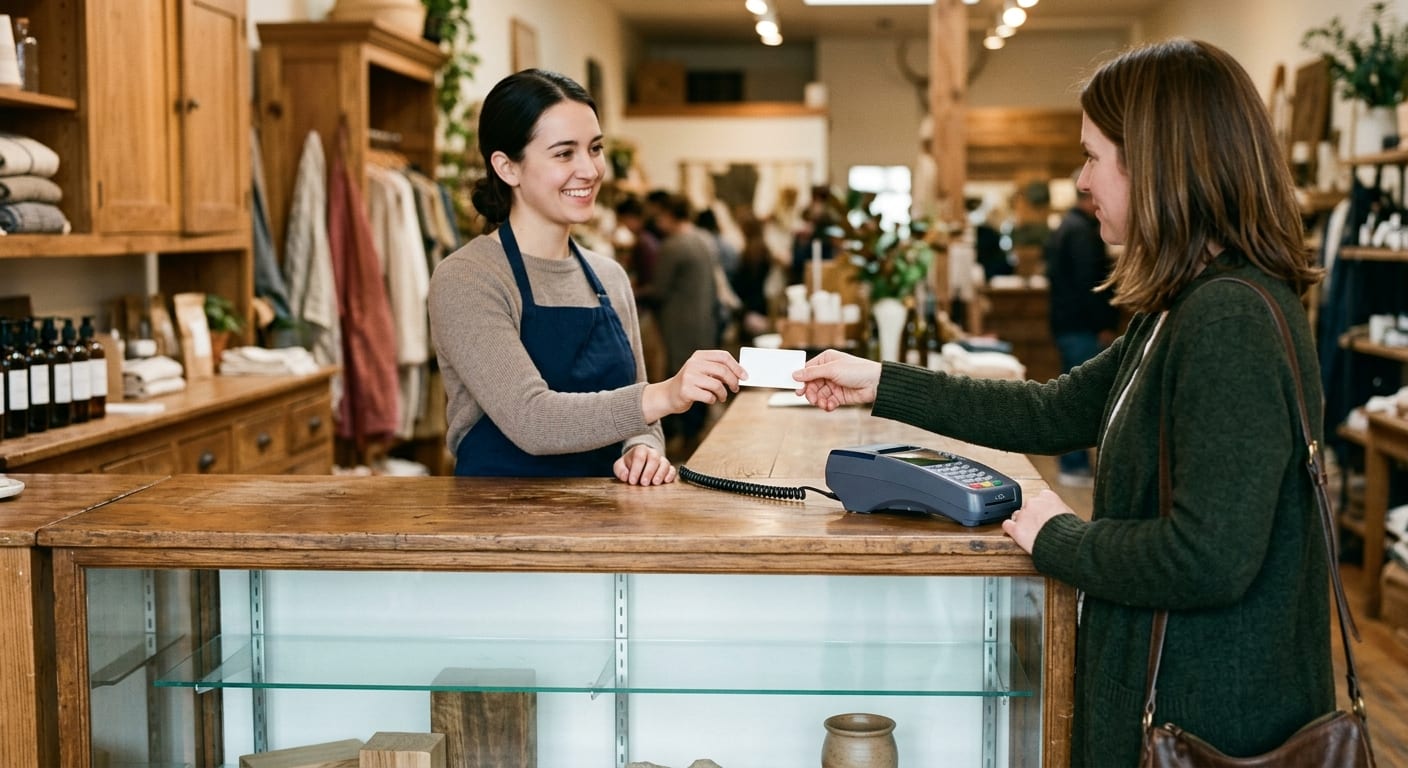 A clerk at a wood counter handing a blank plastic card to a customer beside a generic card reader.