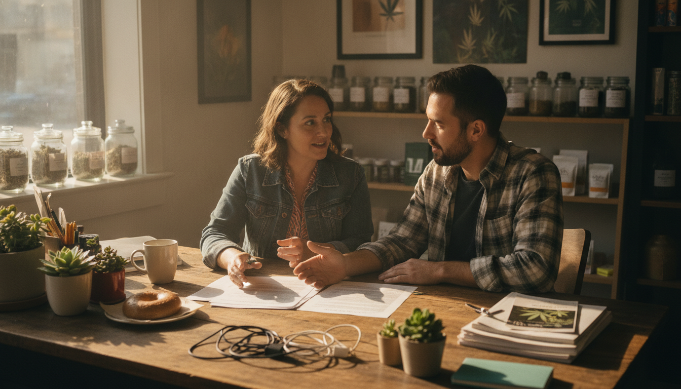 A dispensary owner sitting across a desk from a sales representative reviewing a paper agreement