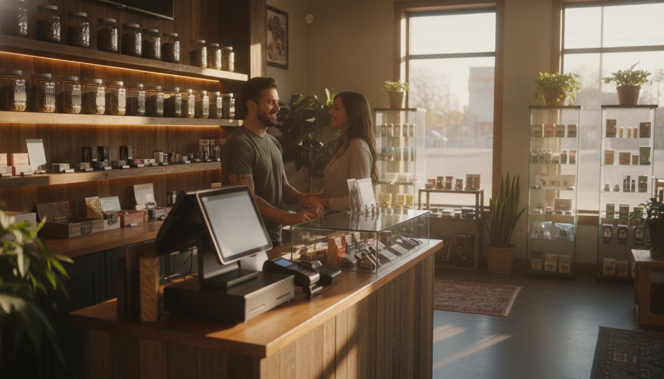 Retail counter with a compact point-of-sale terminal
