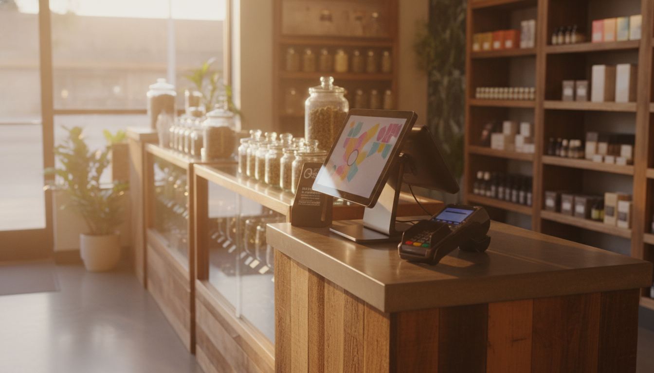 Retail counter with a payment terminal and point-of-sale screen