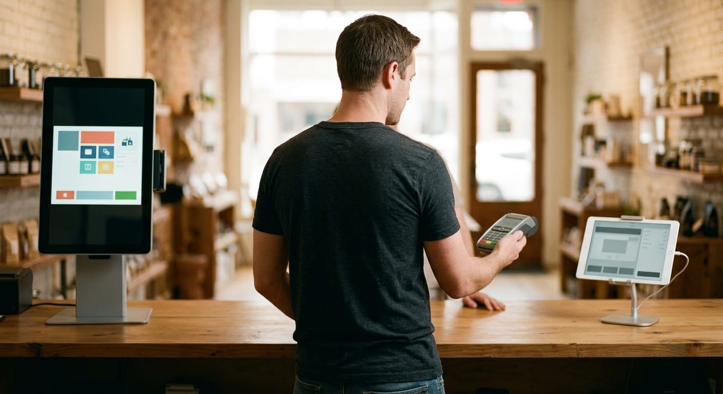 A retail checkout with a tall self-checkout screen on one side and a tablet on a stand on the other.