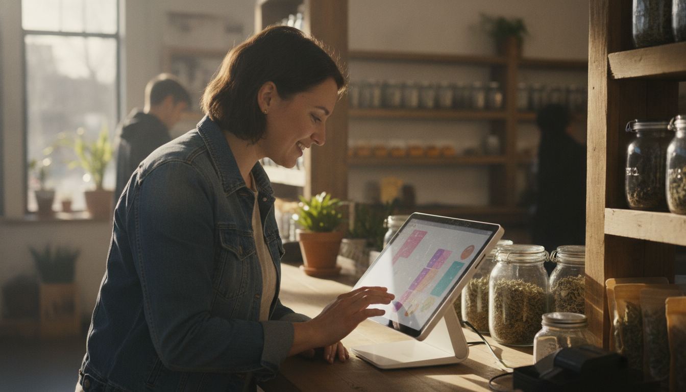 Dispensary employee reviewing a retail checkout screen