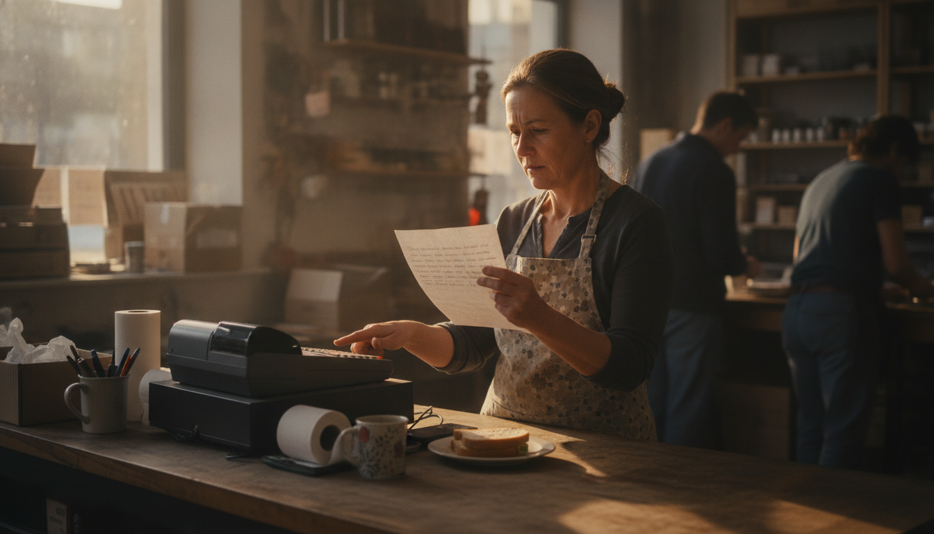A shop owner comparing a paper quote against a countertop terminal at a closed register