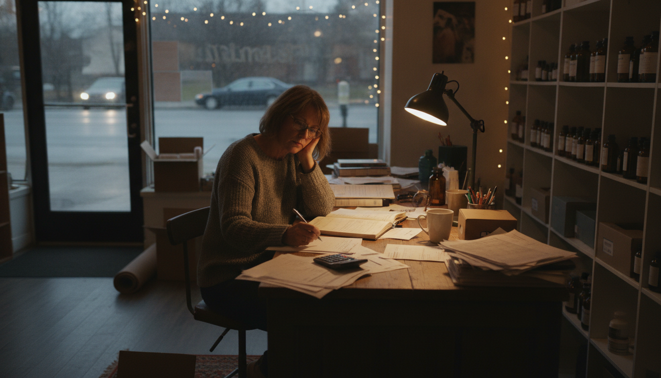 A CBD shop owner working through paperwork at a counter after closing time