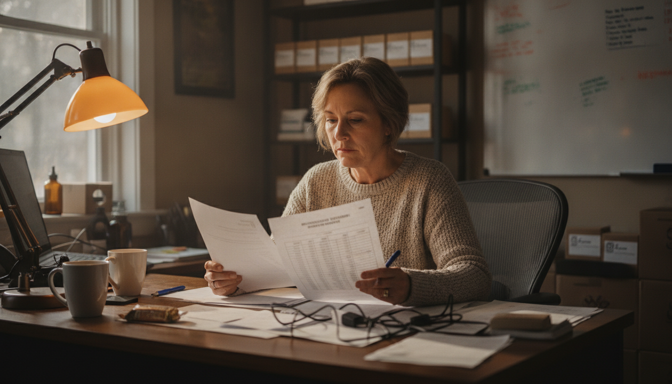 A CBD shop owner at a back office desk comparing two printed processing statements