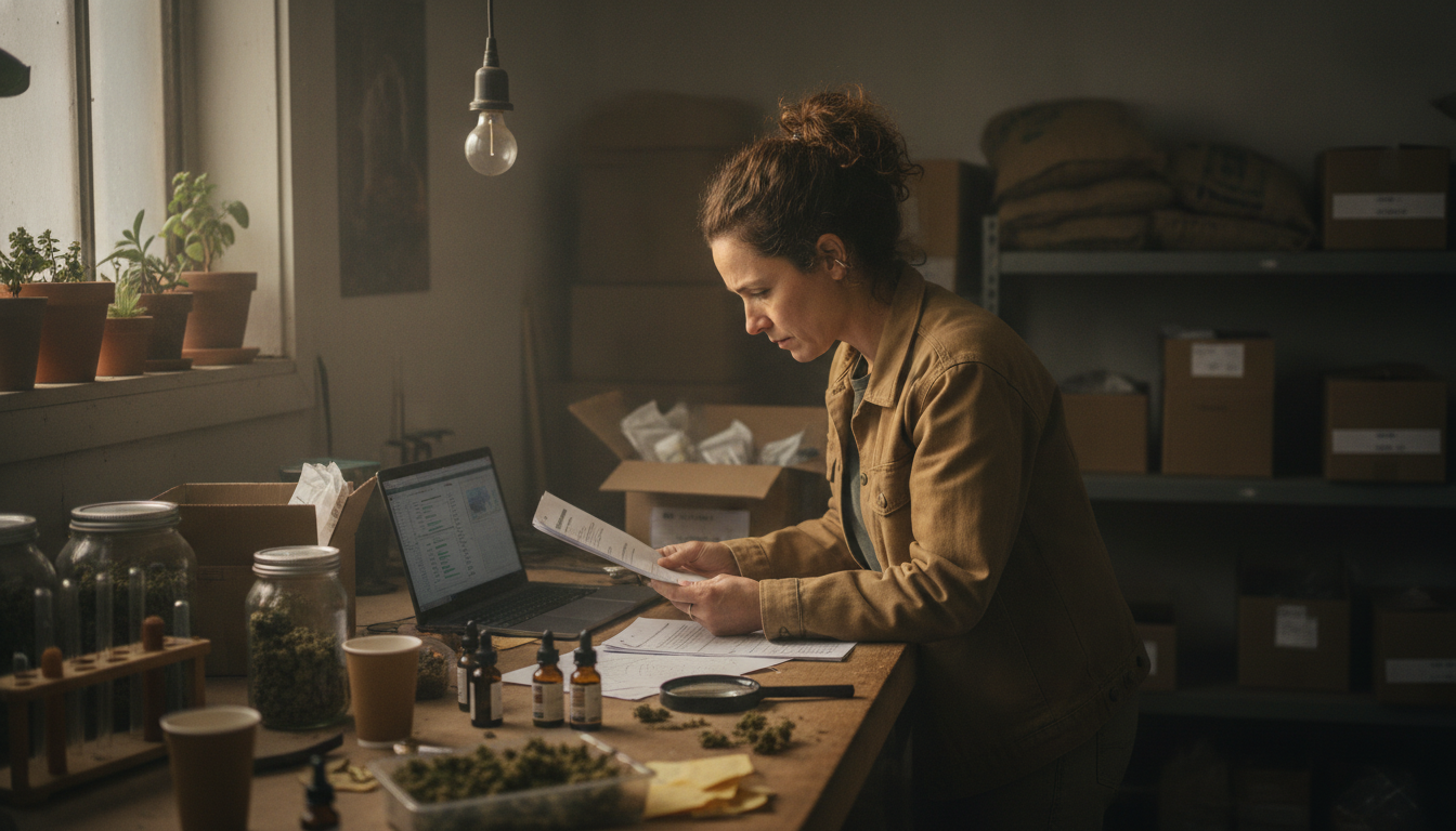 A hemp brand founder scanning product lab reports at a small warehouse workbench