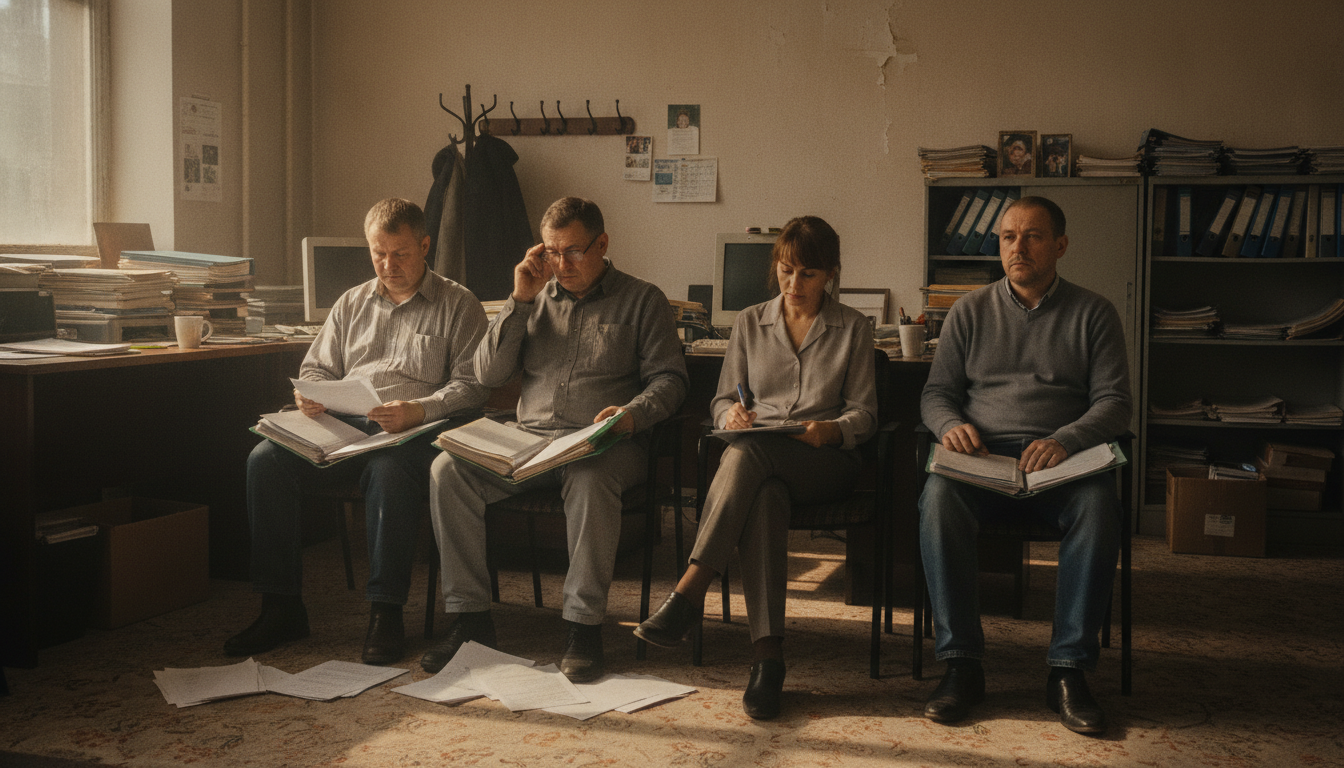 Three small business owners waiting outside an office with folders of paperwork on their laps