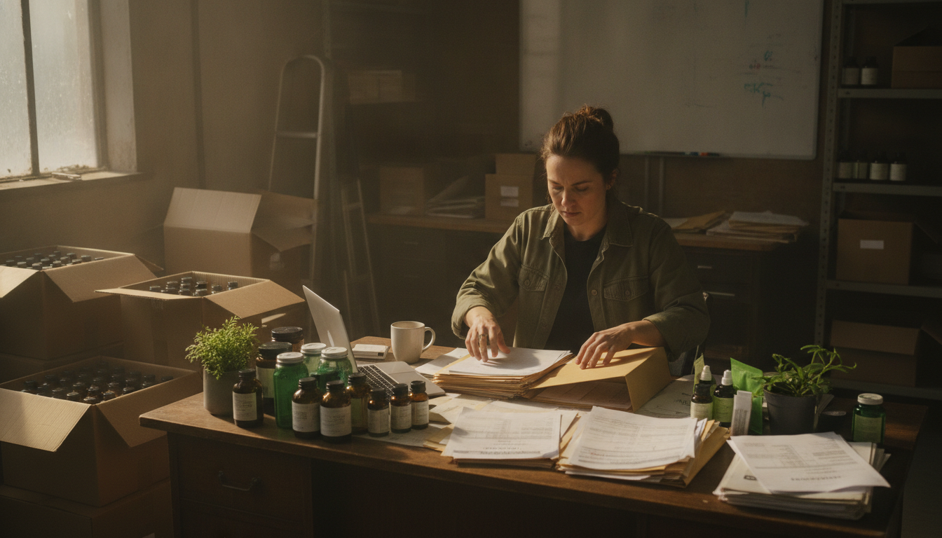 A CBD brand founder sorting business documents into folders at a warehouse desk