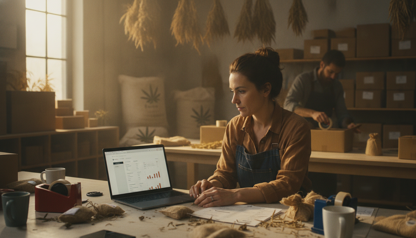 A small hemp brand owner checking an account dashboard on a laptop in a packing room