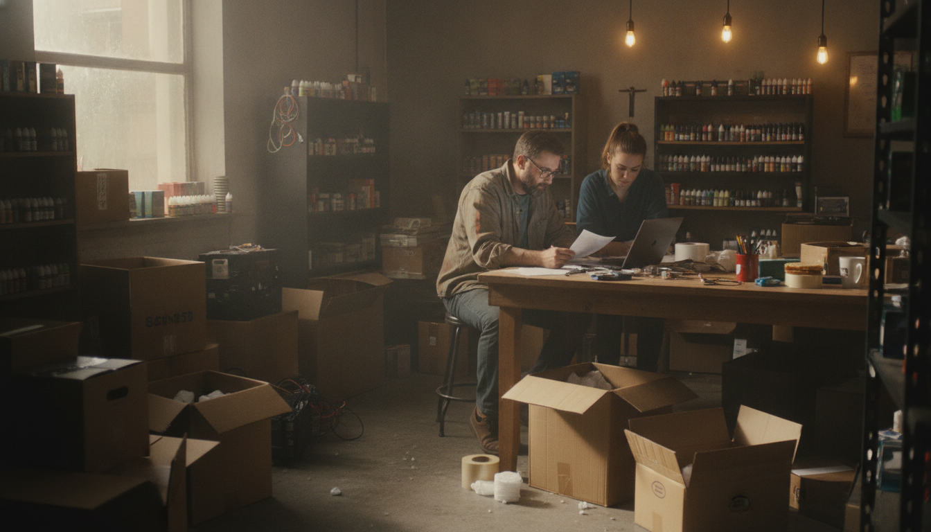 A vape shop owner comparing paperwork on a laptop in a stockroom