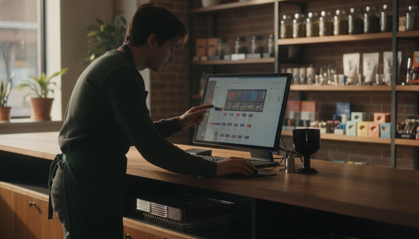 Dispensary employee reviewing retail checkout software