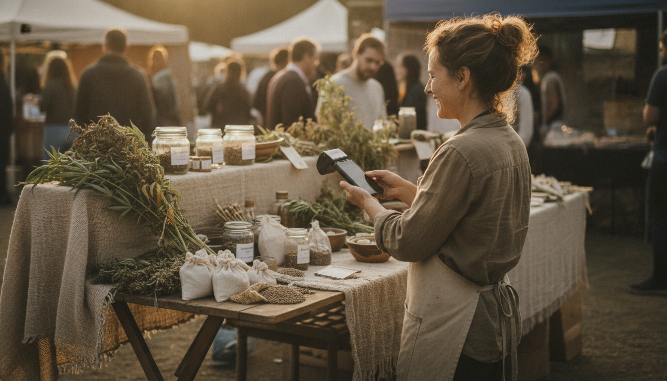 A hemp market vendor taking a card payment on a phone reader at a folding table