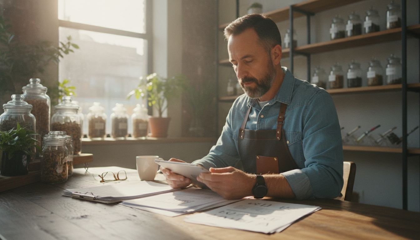 CBD business owner reviewing merchant account documents
