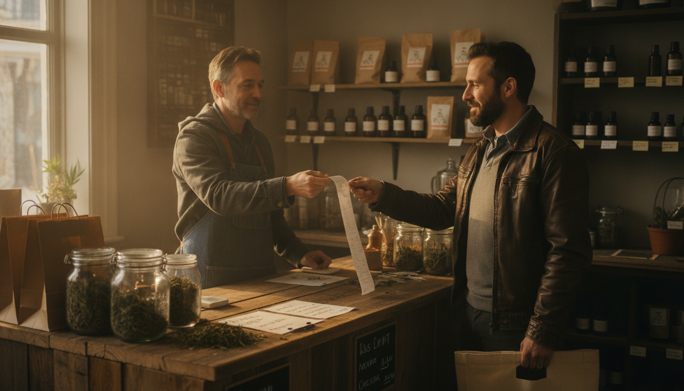 A hemp store clerk handing a receipt across the counter to a customer
