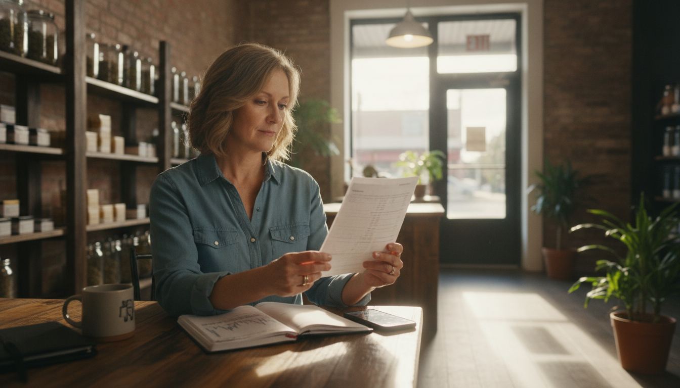 Business owner reviewing merchant service entries on a bank statement