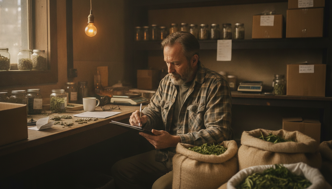 A kratom shop owner filling in a form on a tablet at a stockroom bench