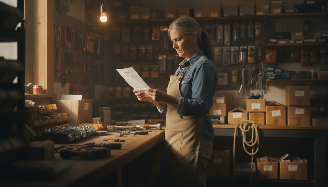 A small business owner standing at a stockroom bench reading a printed notice