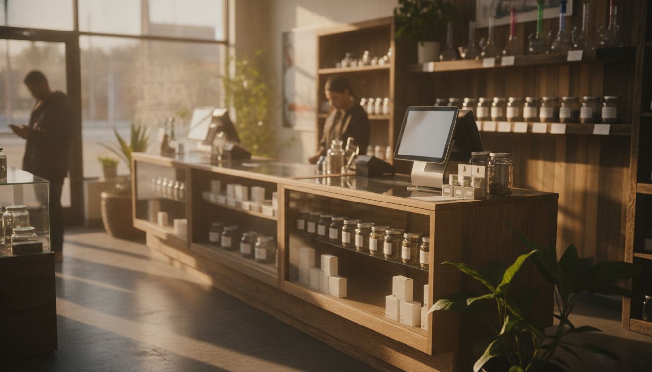 Retail counter with a point of sale terminal and product inventory