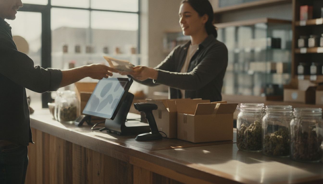 Retail counter with a barcode scanner and point of sale screen