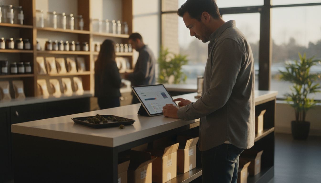 Dispensary operator reviewing point-of-sale inventory and compliance tools
