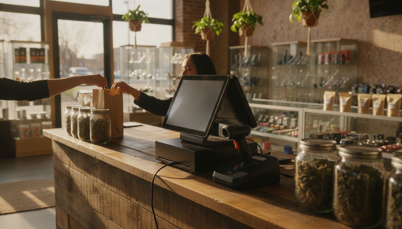 Retail checkout counter with a point-of-sale terminal and barcode scanner