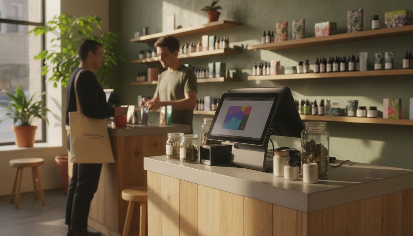 A modern checkout counter with a touchscreen point-of-sale terminal