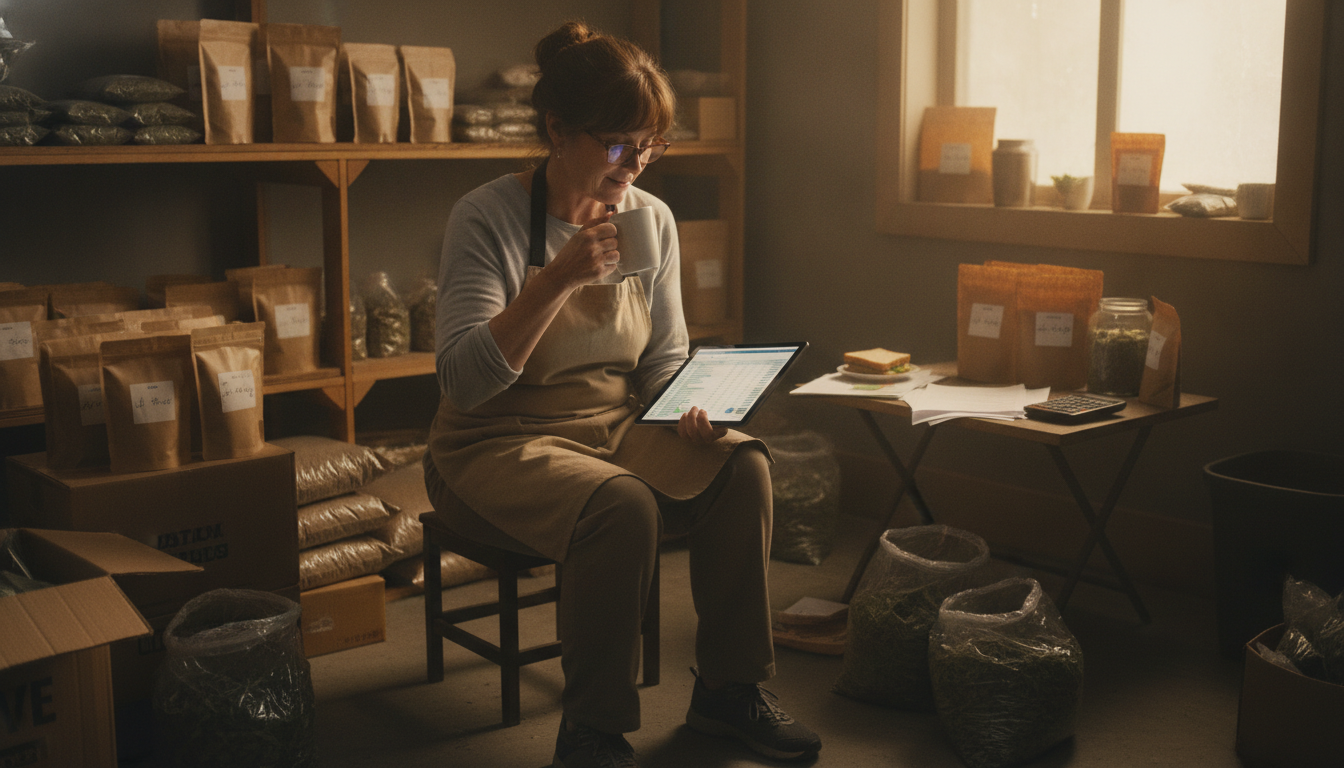 A kratom shop owner reviewing monthly statements on a tablet in a stockroom