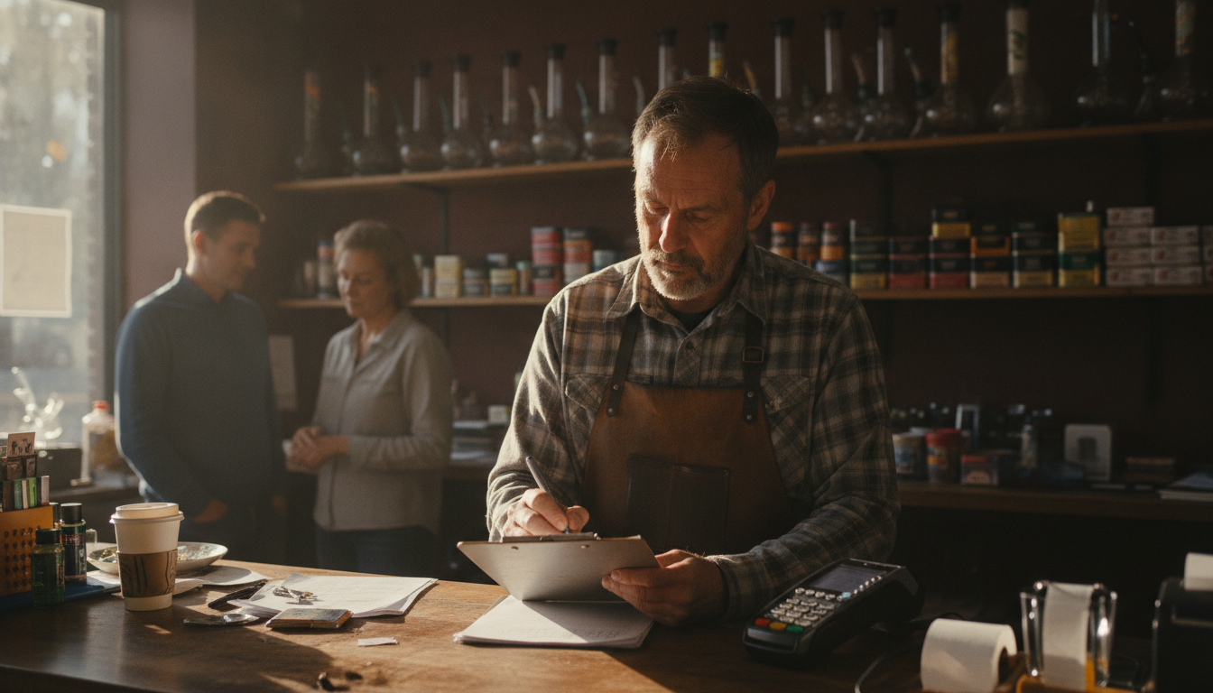 A smoke shop owner taking notes on a clipboard next to a countertop card terminal
