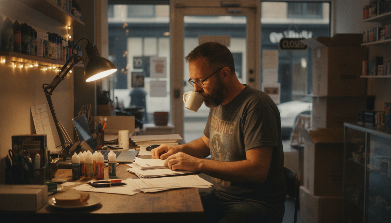 A vape shop owner going through paperwork behind the counter after closing