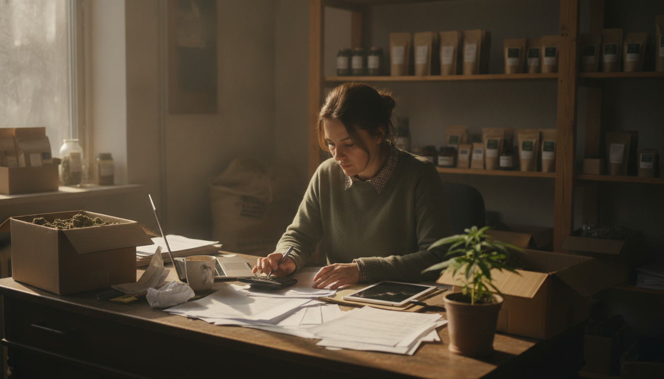 A hemp store owner working through invoices at a desk in a small warehouse