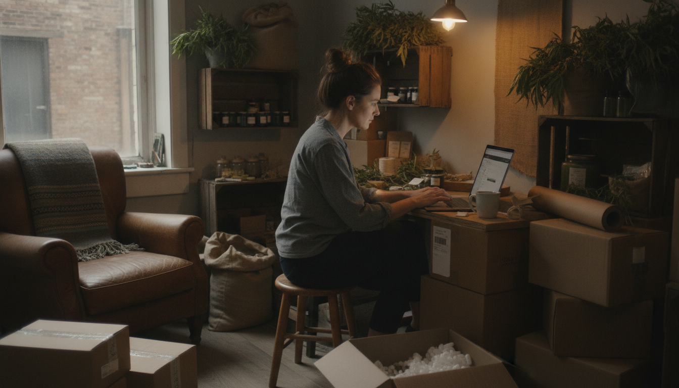 A hemp brand owner working through store settings on a laptop in a small packing room