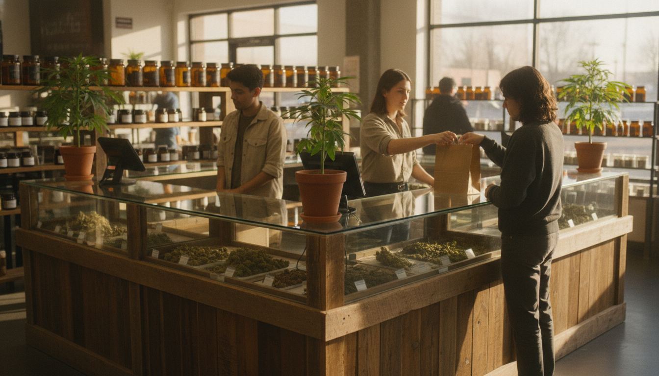 Square checkout counter in a restricted retail store
