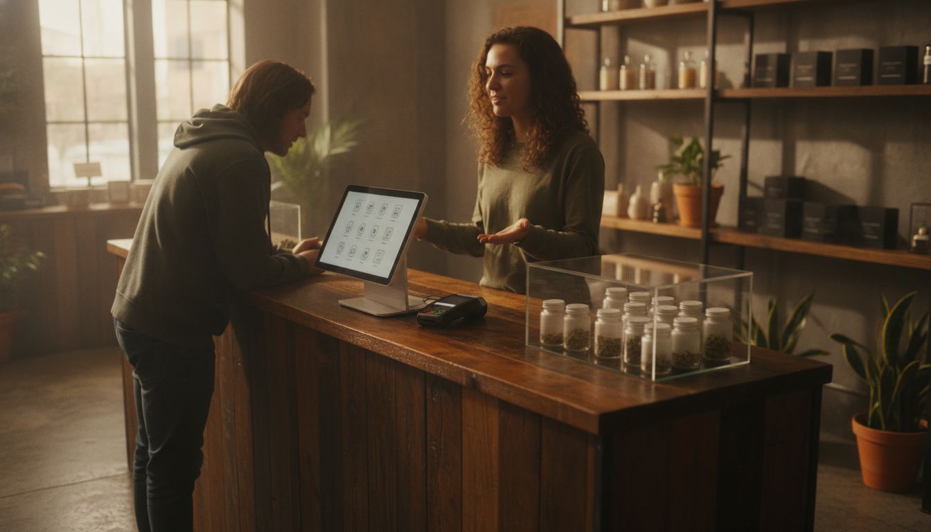 Checkout counter with a point-of-sale terminal in a restricted-product store