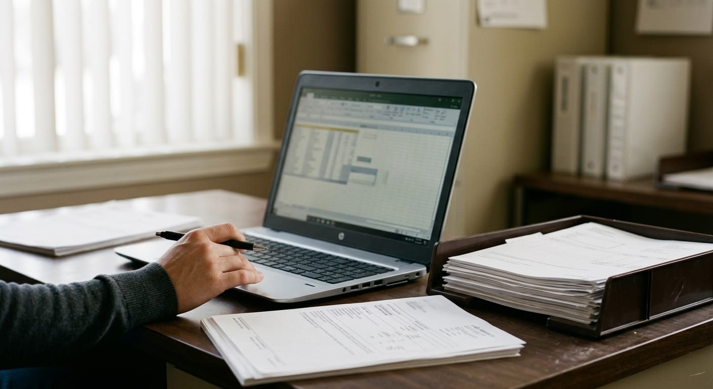 A sunlit back-office desk with face-down papers, a laptop, a pen, and a tray of invoices.
