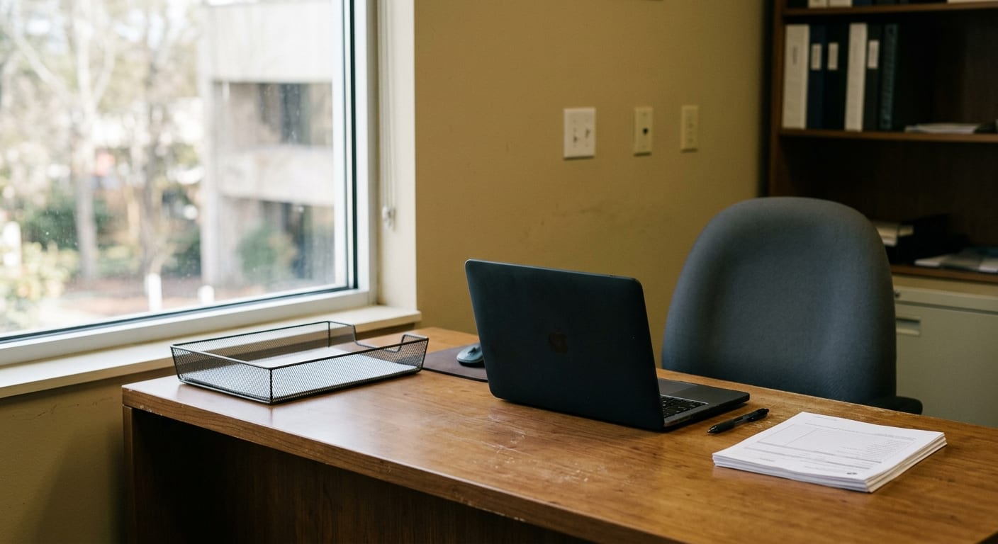A back-office desk with a closed laptop, face-down paperwork, a pen, and an empty inbox tray.