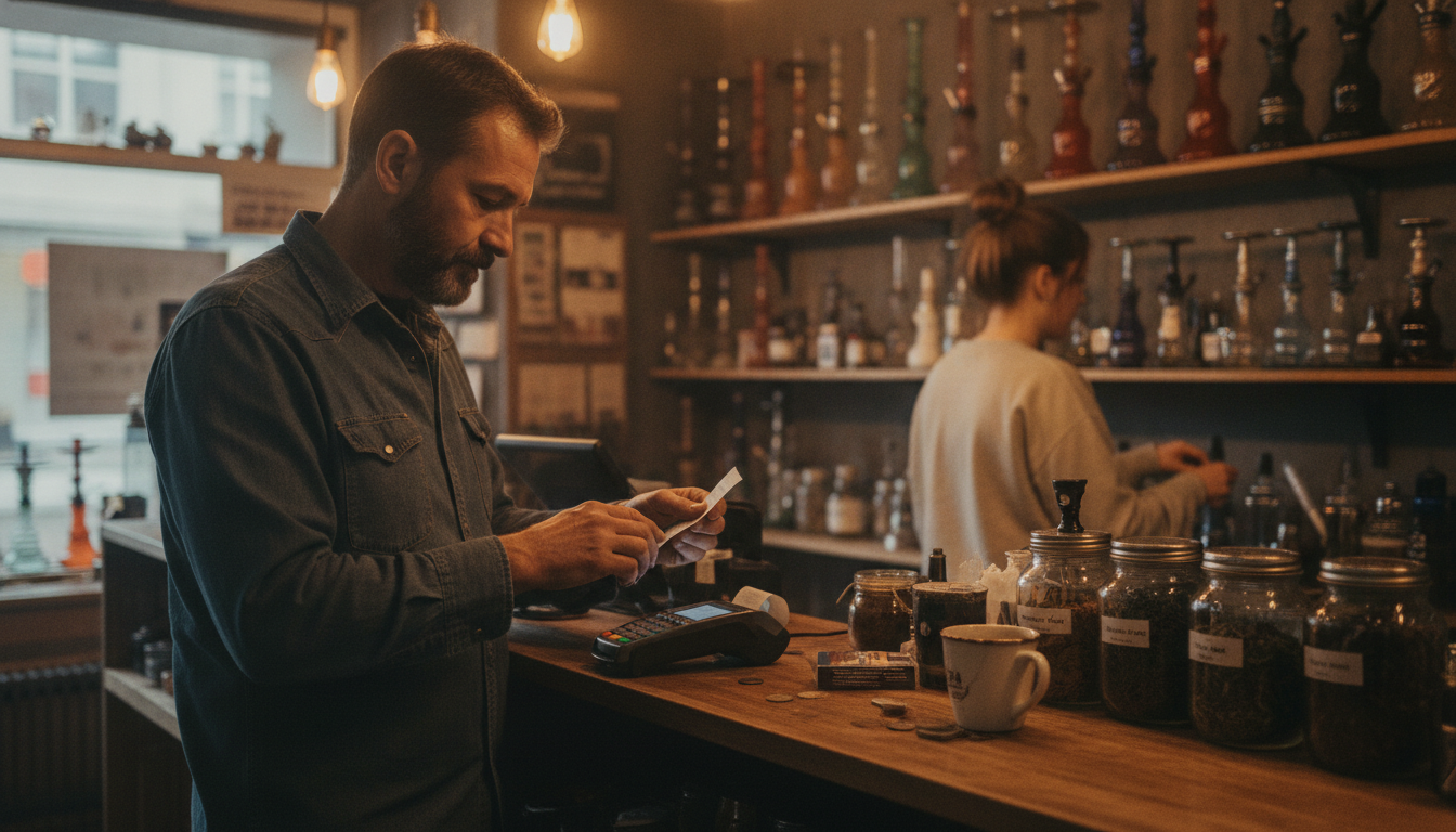 A smoke shop owner behind the counter reviewing a card terminal receipt