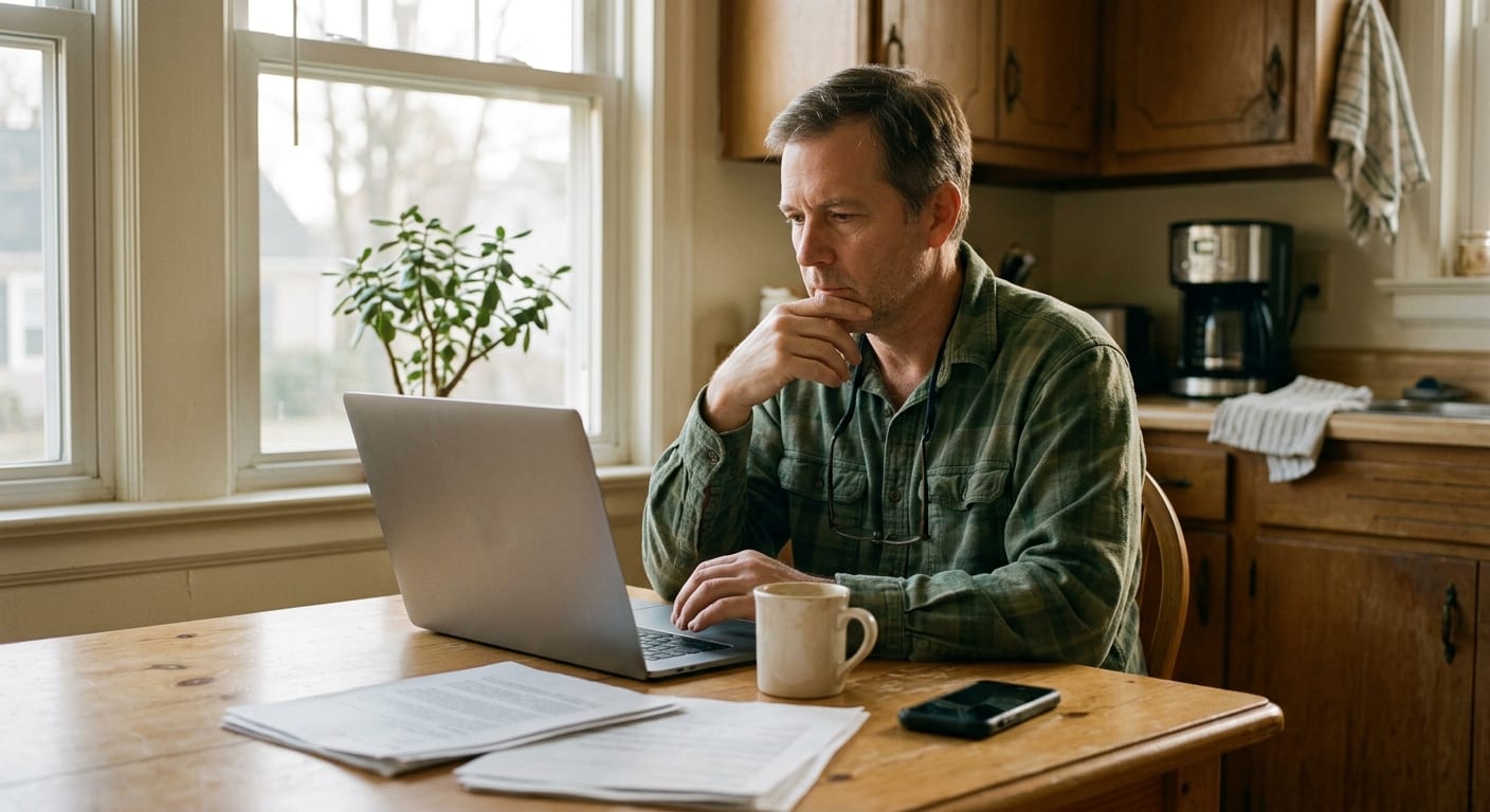 A person at a kitchen table with a laptop facing away, a face-down paper packet, and a coffee mug.