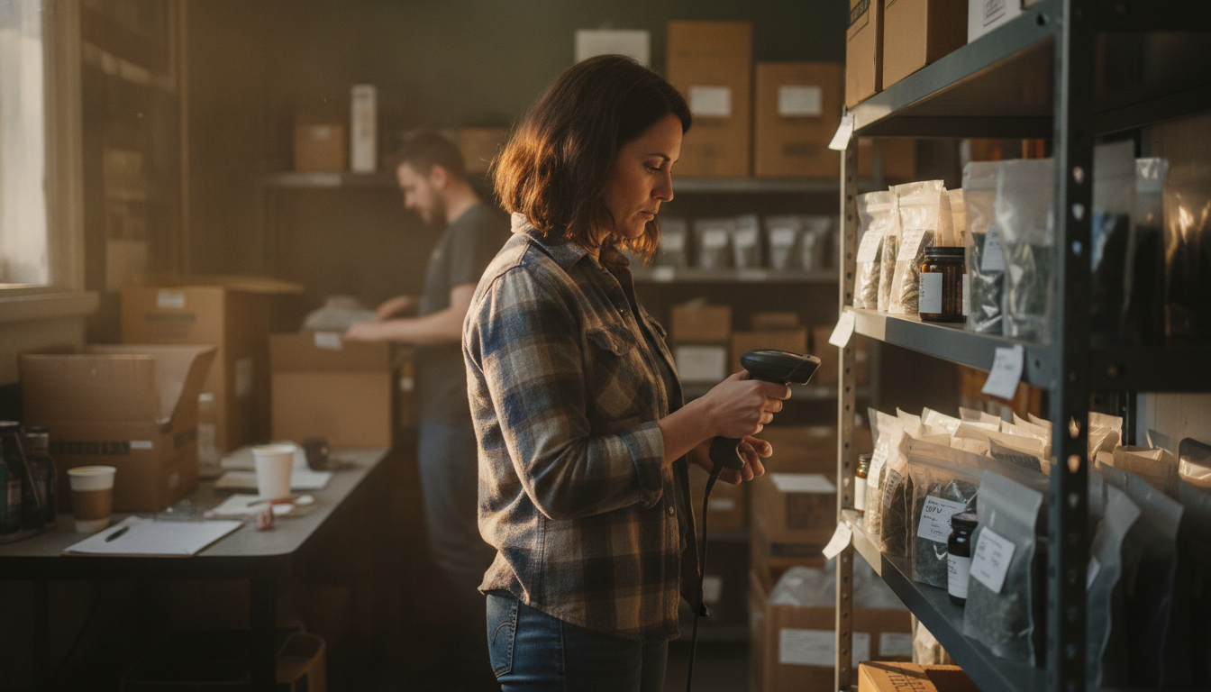 A dispensary inventory manager scanning a package tag on a shelf with a handheld scanner