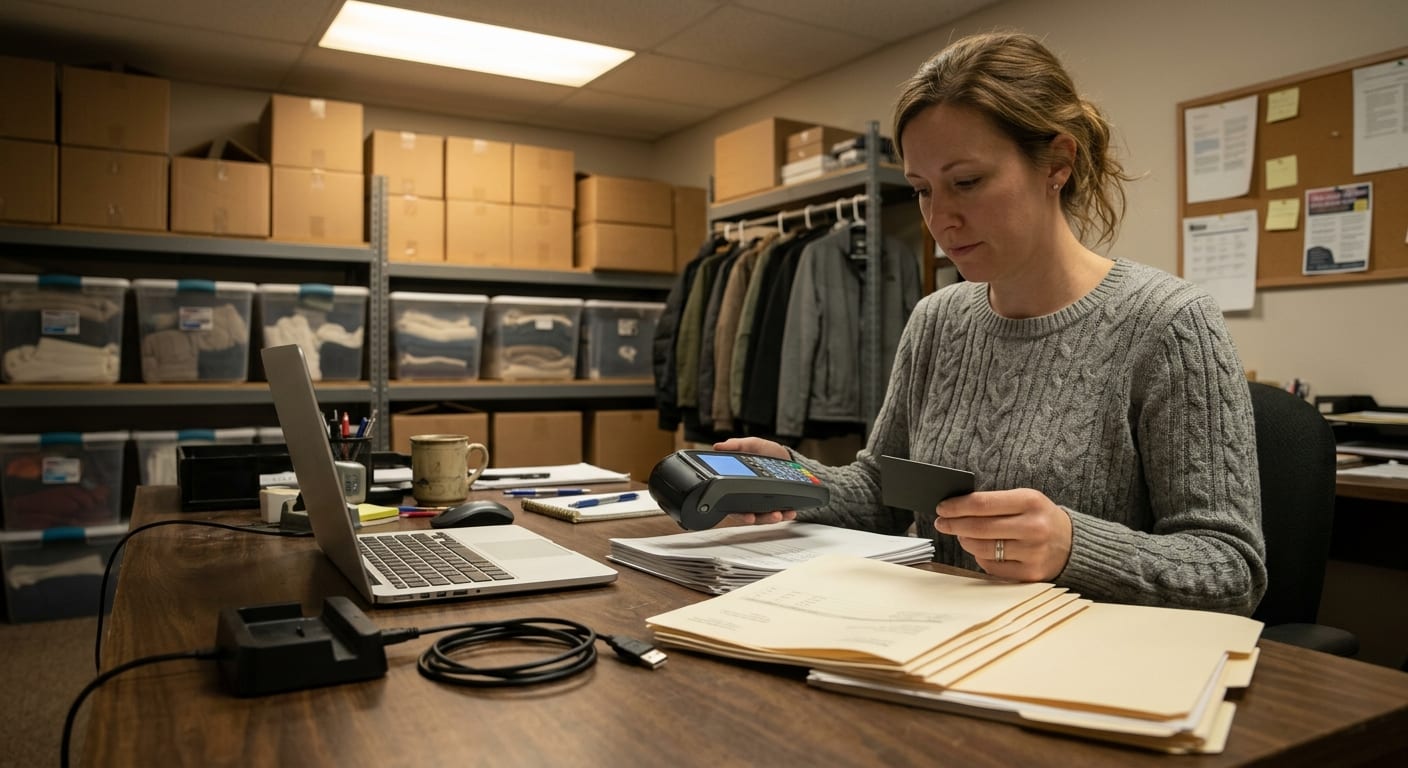 A wooden back-office desk with a closed laptop, an unplugged card reader, and a stack of face-down statements.