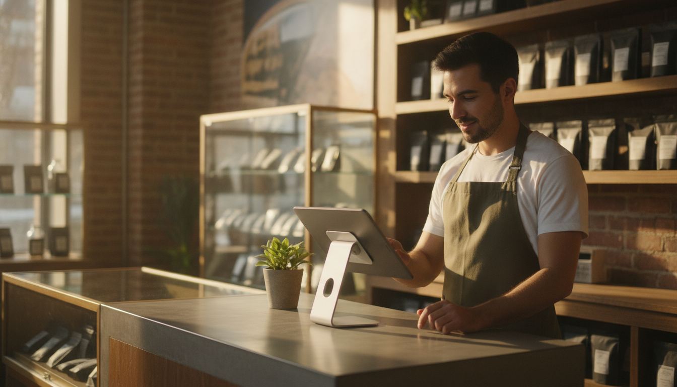 Retail worker using a point-of-sale system at checkout