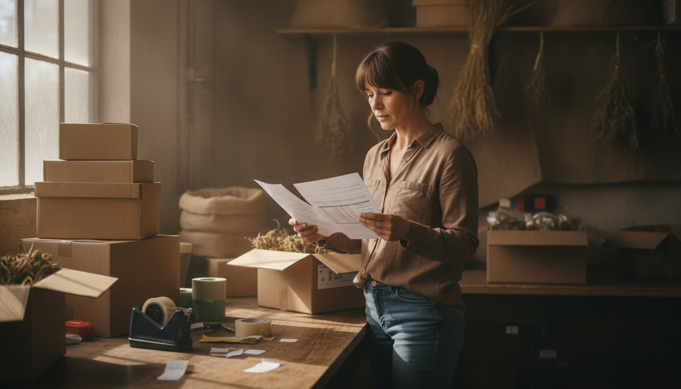 A hemp brand owner comparing printed quotes at a packing bench