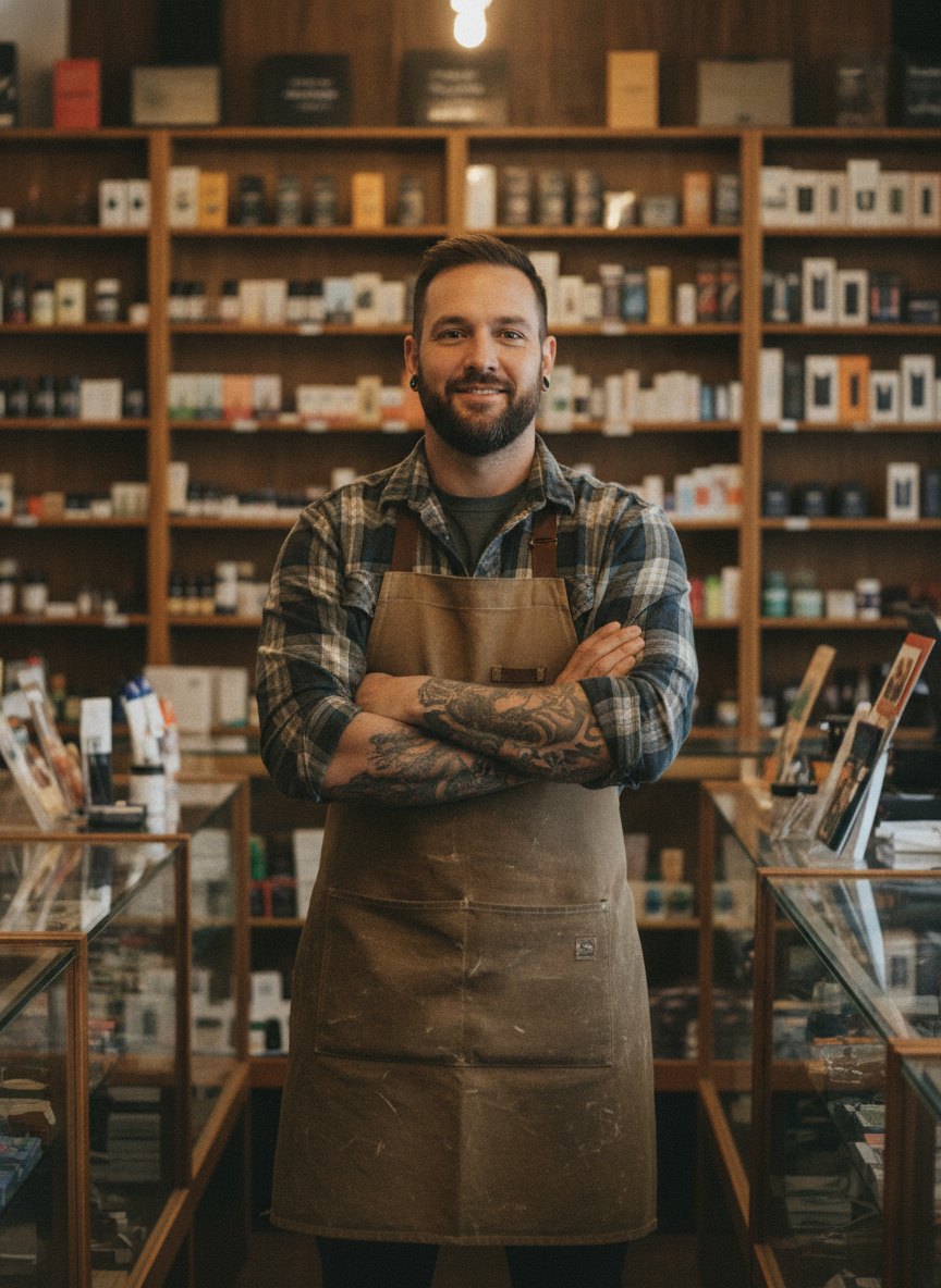 Shop owner standing with arms crossed in front of a wall of packed product shelves
